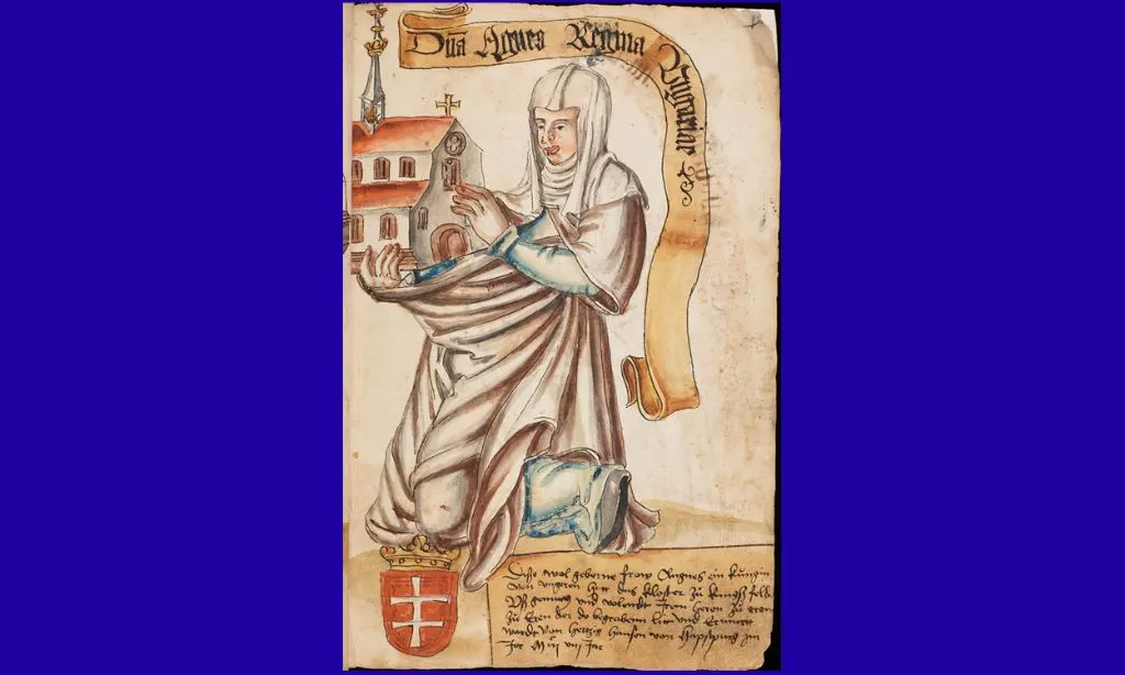Königin Agnes von Ungarn in einer Bildhandschrift zur Habsburger Familie und den Gefallenen der Schlacht bei Sempach, um 1560