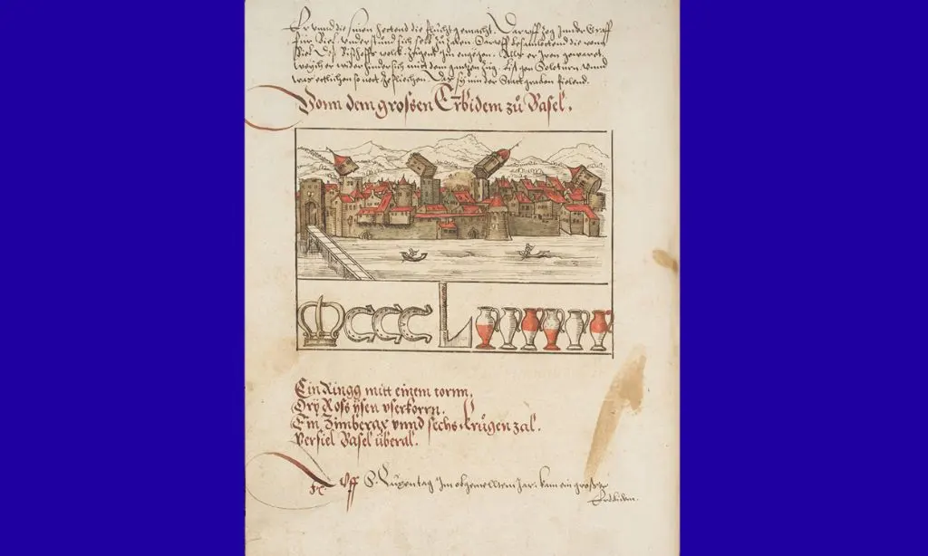 Illustration des Erdbebens in Basel im Chronicon Helvetiae, um 1576