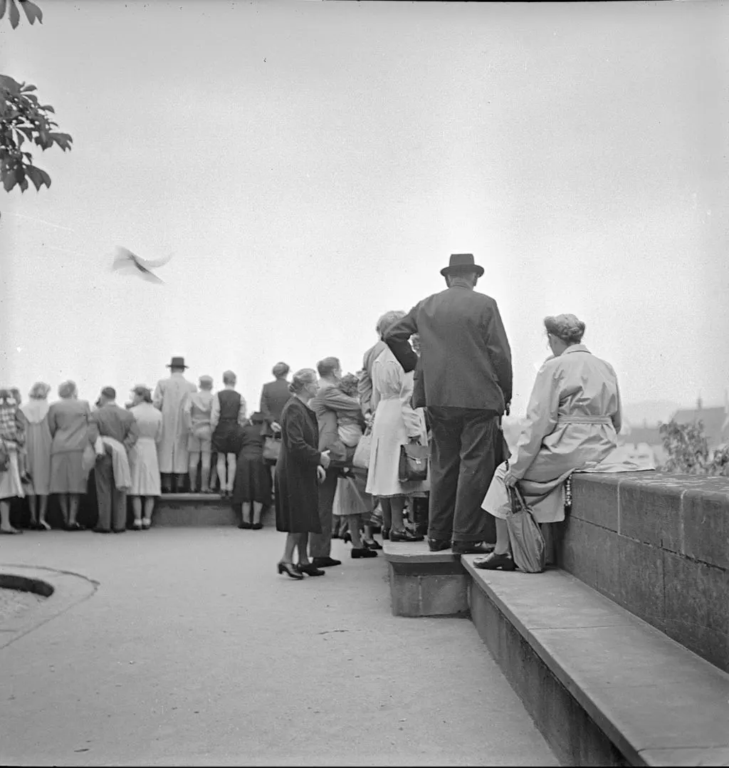 Menschen blicken von der Pfalz auf Rhein und Kleinbasel, Staatsarchivbild