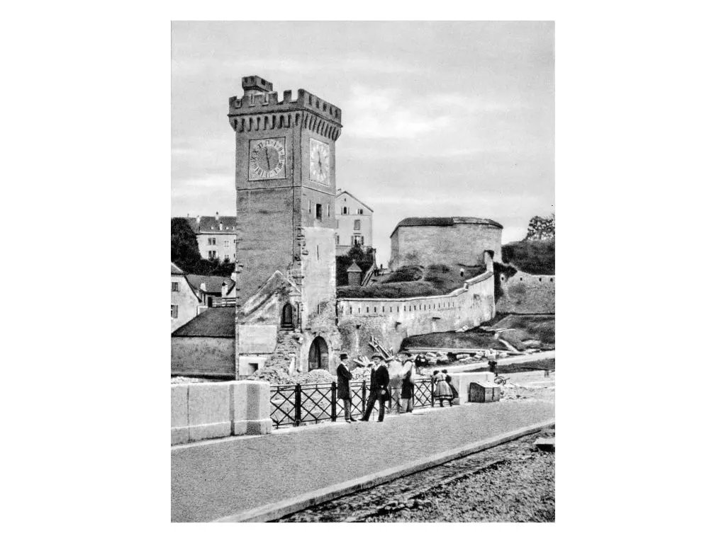 Blick von der Steinengrabenbrücke auf das Steinentor und das Bollwerk im Jahr 1866