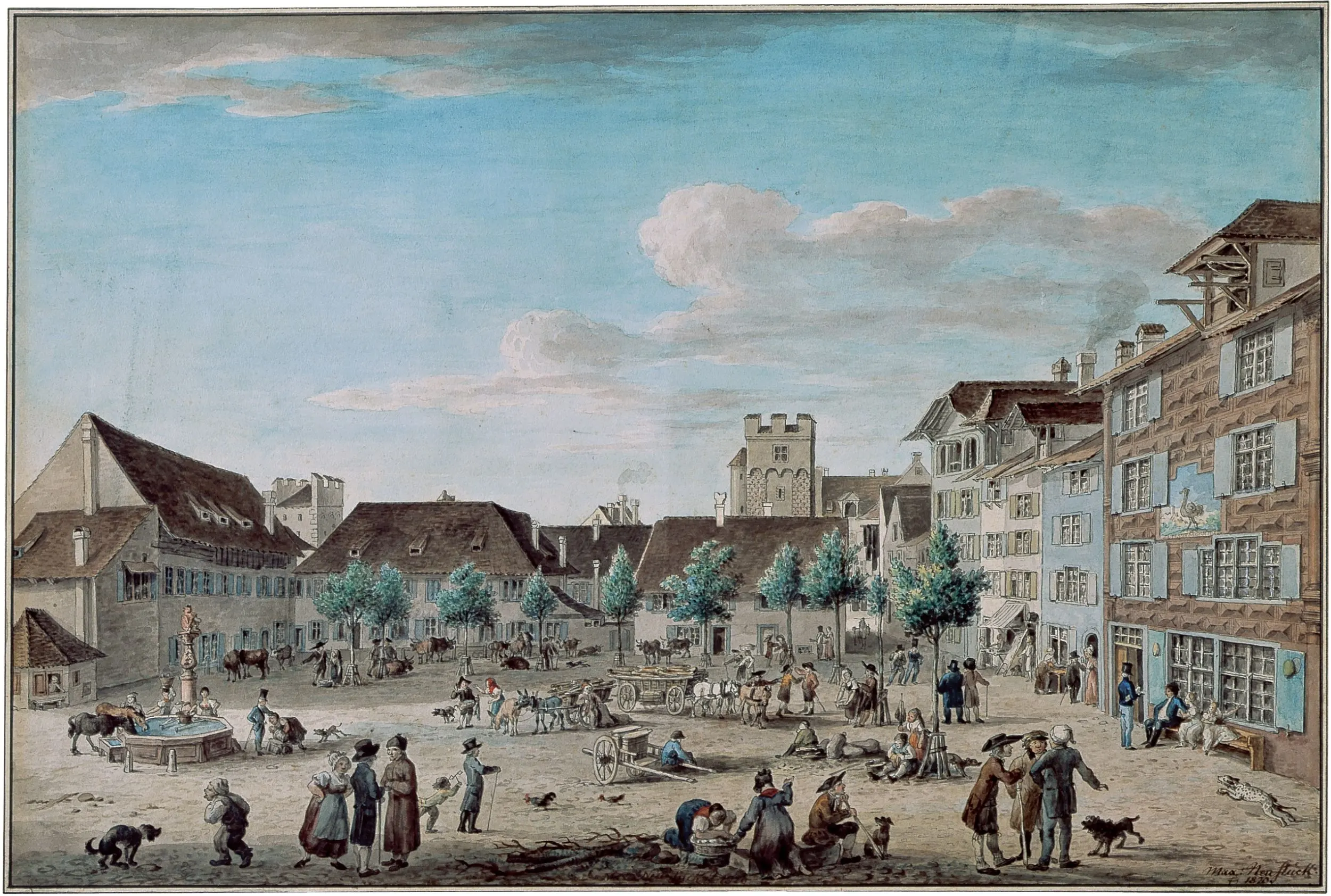 Ansicht des Barfüsserplatzes gegen Süden. Links im Bild die Töchterschule