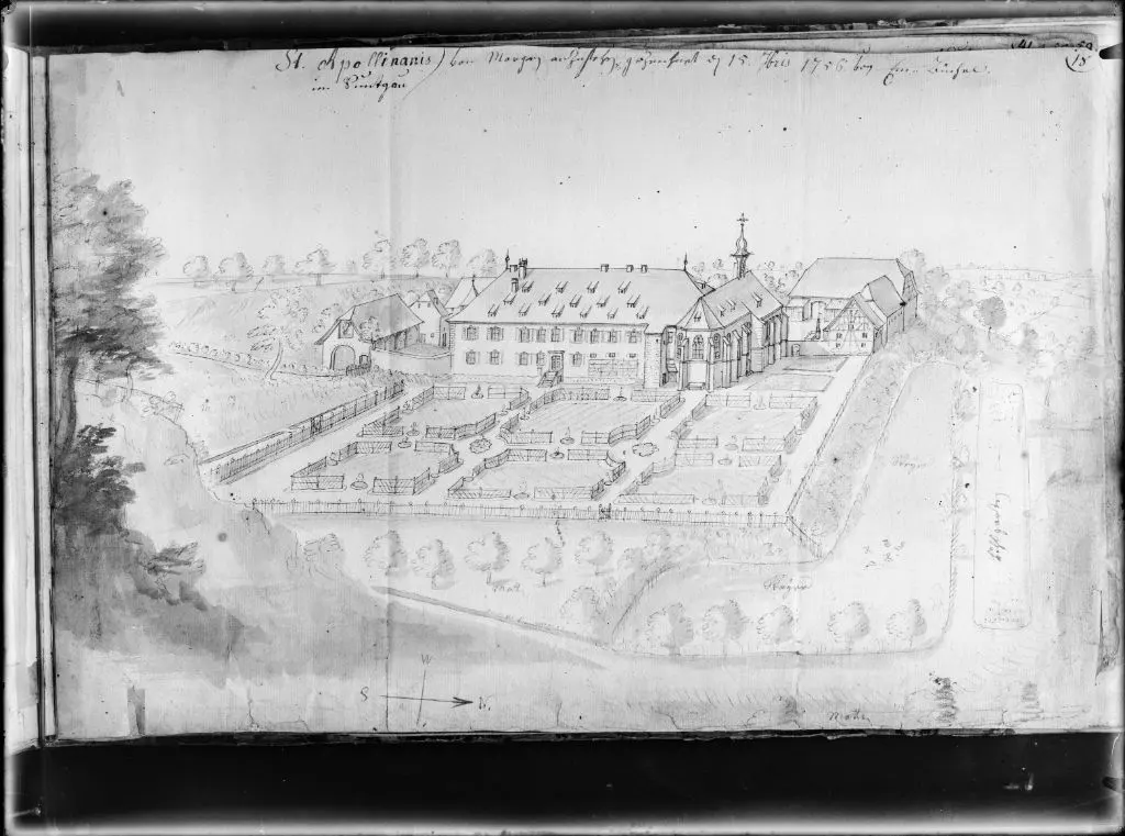 Abtei und Landgut St. Apollinaris. Glasnegativ einer Federzeichnung von Emanuel Büchel