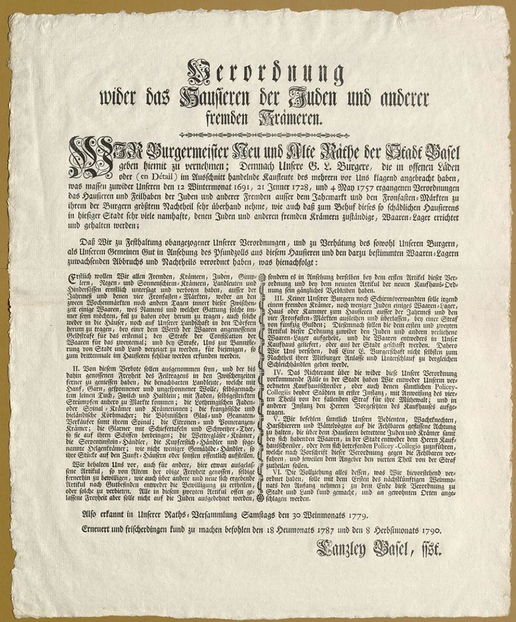 Mandat vom 08.09.1790 gegen das Hausieren der Juden und anderer fremder Krämer
