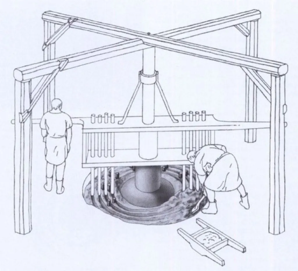 Illustration: So könnte der Mörtelmischer ausgesehen haben. Vermutlich wurden Zugtiere eingesetzt, um die Mischrechen im Kreis zu bewegen