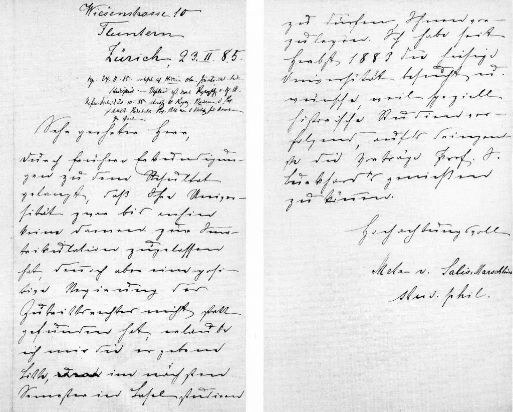 Brief von Meta von Salis an die Universität Basel