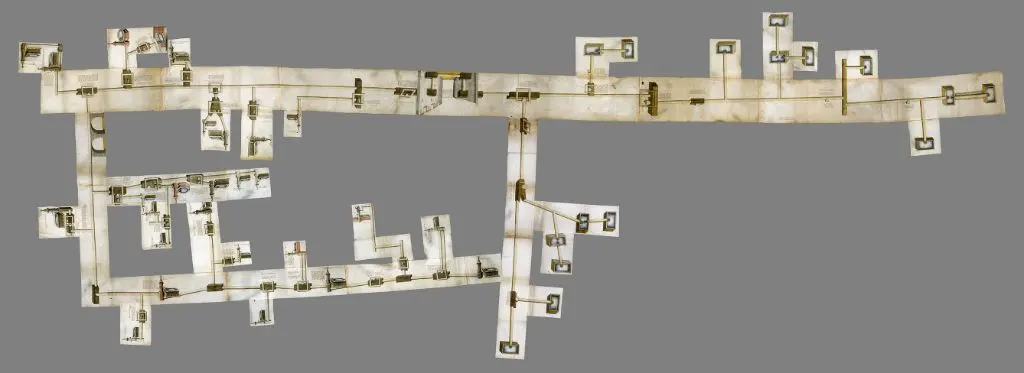 Der Brunnwerkplan zeigt das System der Brunnstuben vor der Stadt, die Unterquerung der Stadtmauer (obere Bildmitte) und das Leitungsnetz samt Laufbrunnen in der Stadt