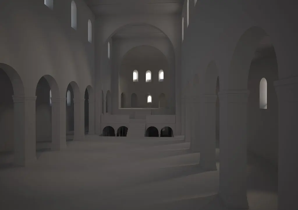 Blick in den Innenraum des Heinrichsmünsters. Rekonstruktion: Marco Bernasconi.