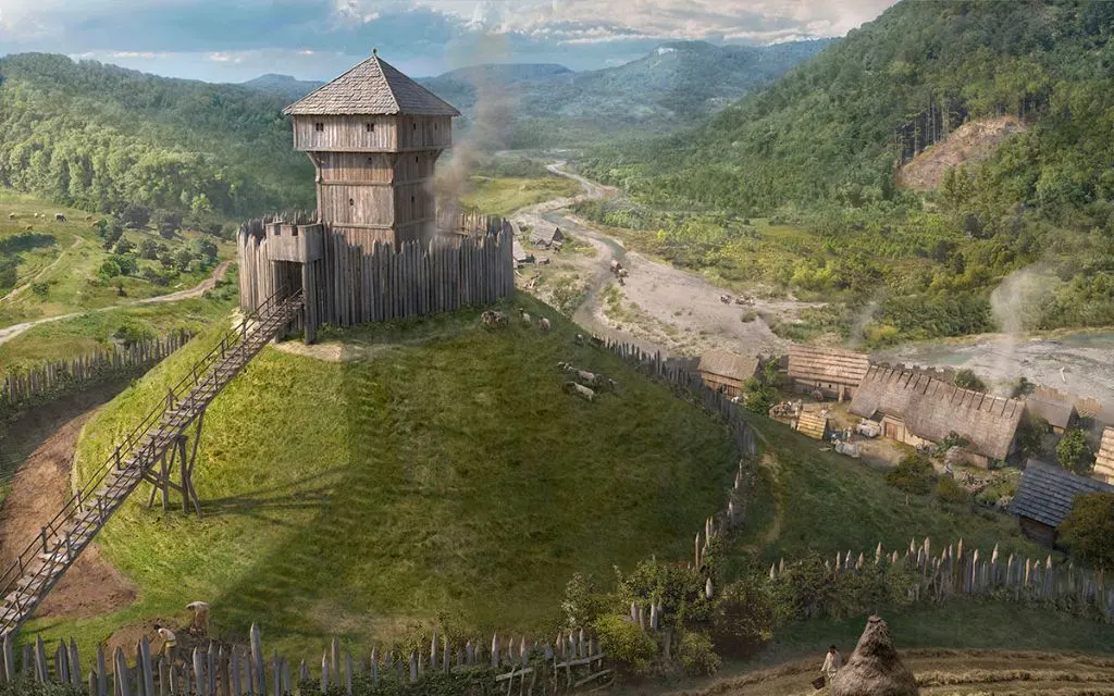 Versuch einer Rekonstruktion der Burgmotte "Büchel" bei Zunzgen. Unten rechts der zugehörige Herrenhof, im Hintergrund der Ort Zunzgen