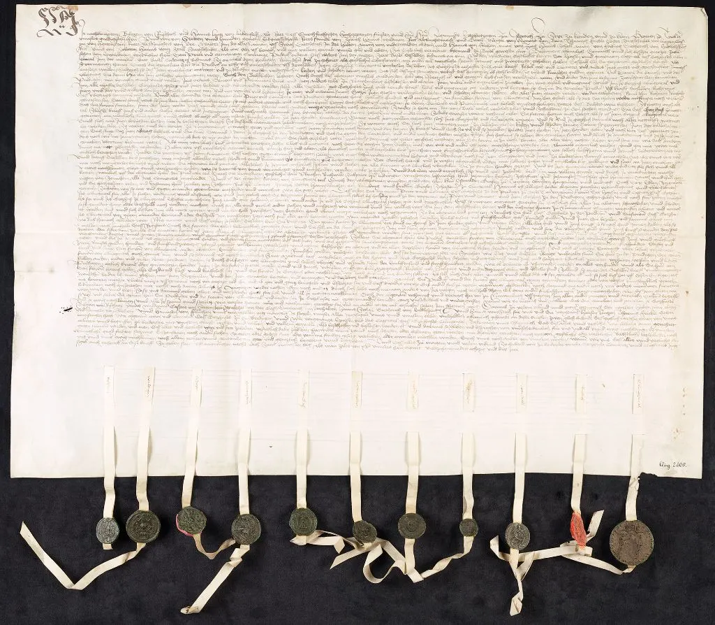 Die Klingentaler Urkunde von 1483 mit den Siegeln der Vertragspartner