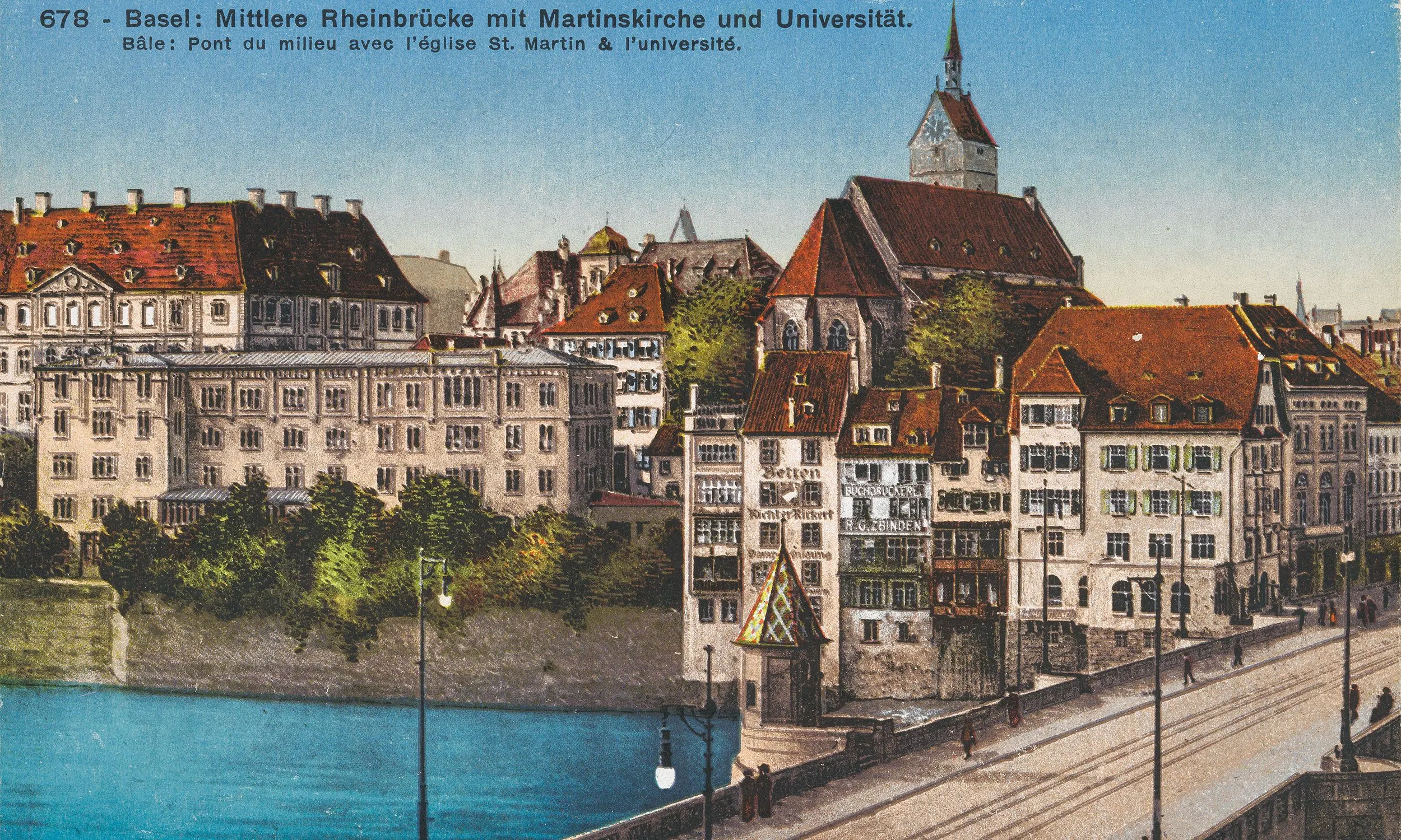 Postkarte der mittleren Rheinbrücke mit Martinskirche und alter Universität