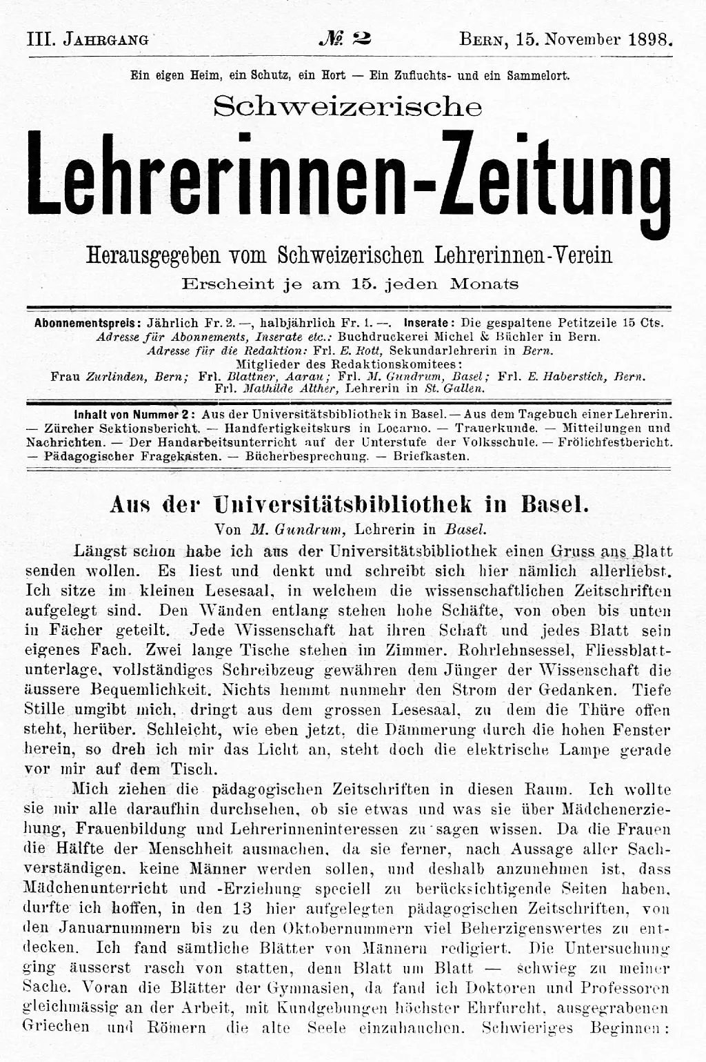Beitrag von Maria Gundrum in der Lehrerinnen-Zeitung vom 15. November 1898