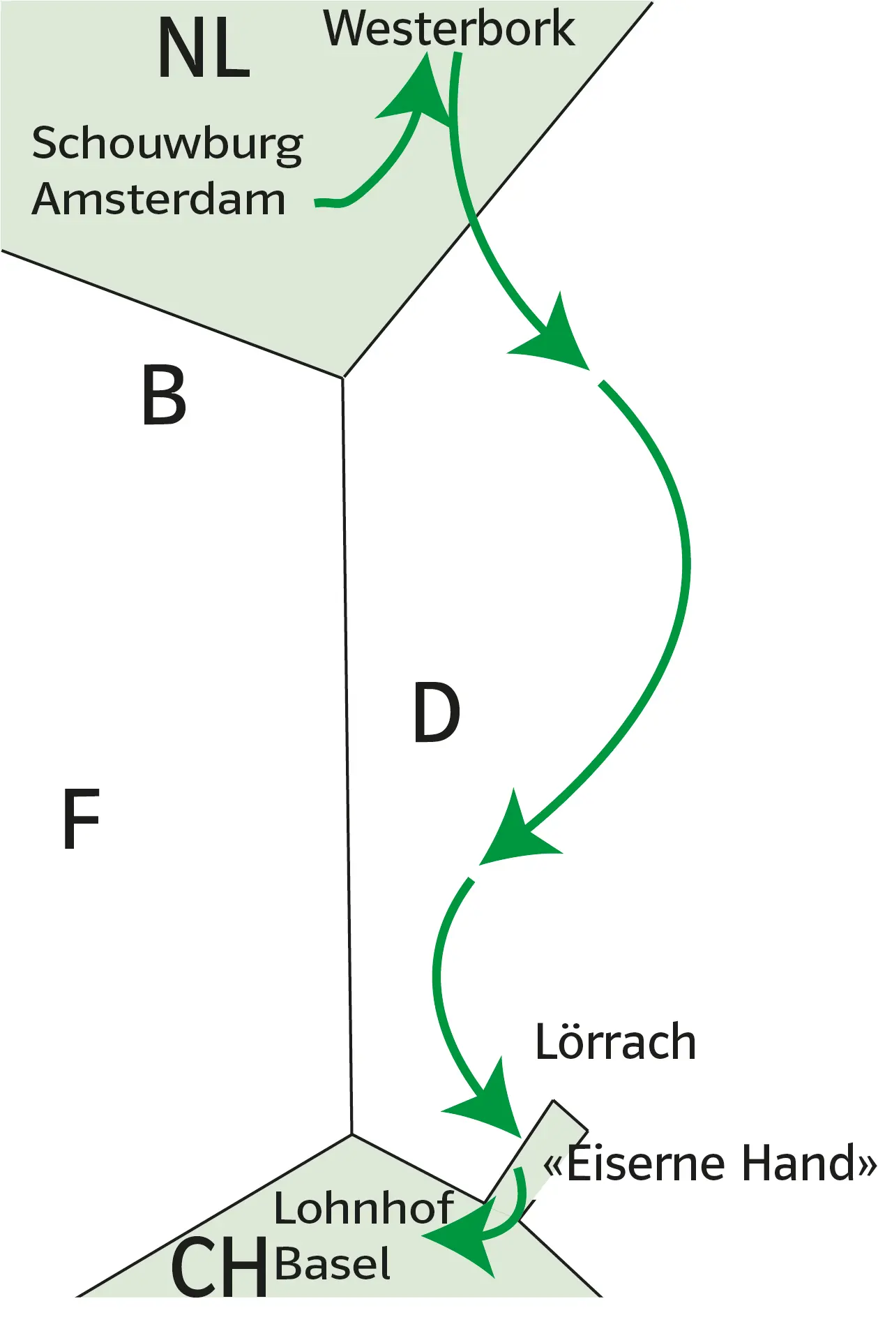 Schematische Karte mit der Fluchtroute.