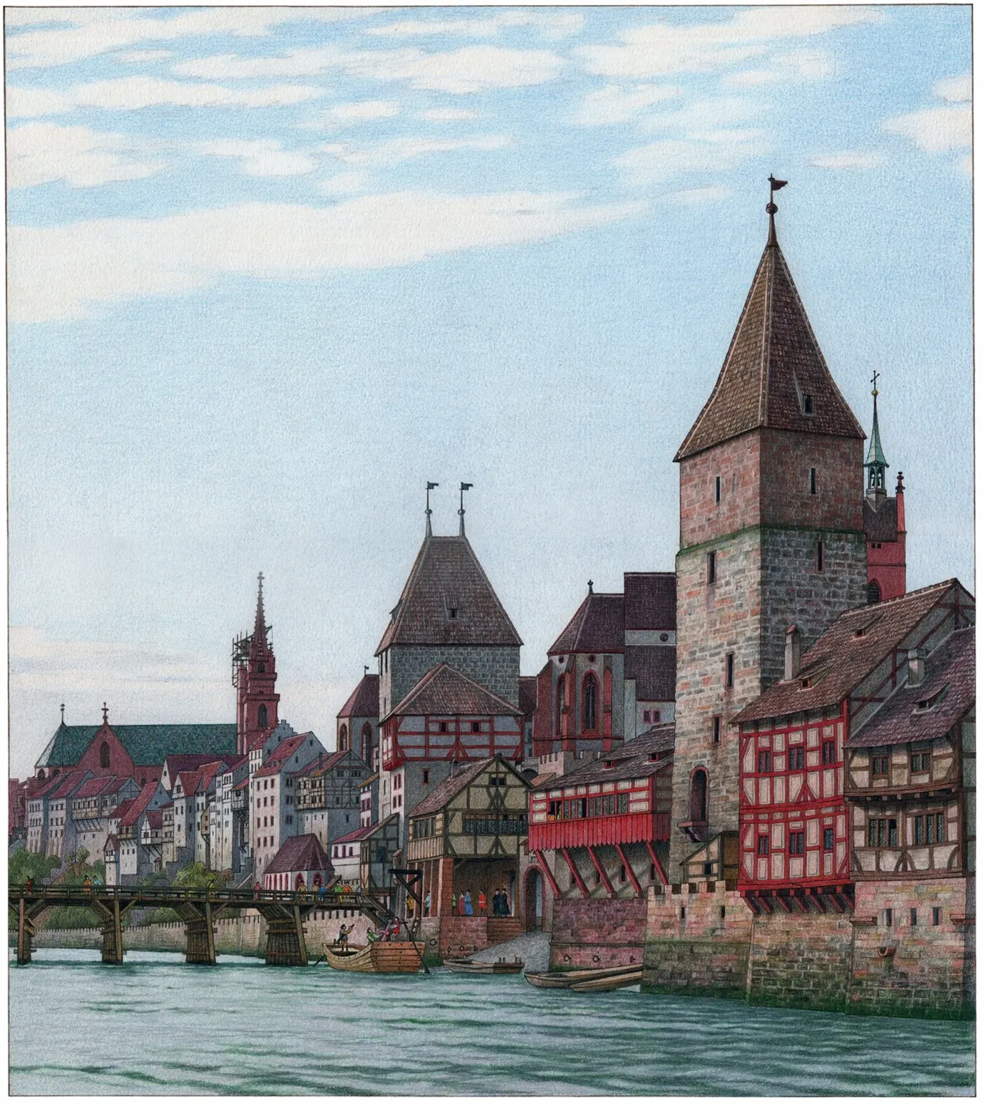 Rheinansicht Ende 15. Jh., Rekonstruktionszeichnung von Stephan Jon Tramèr.